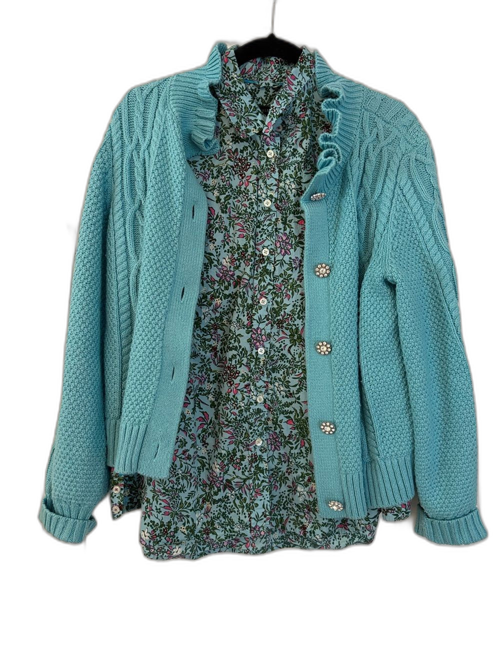 Talbots Women 2 Pc Set Blue Cable Knit Cardigan Sweater M Floral Blouse Shirt L
